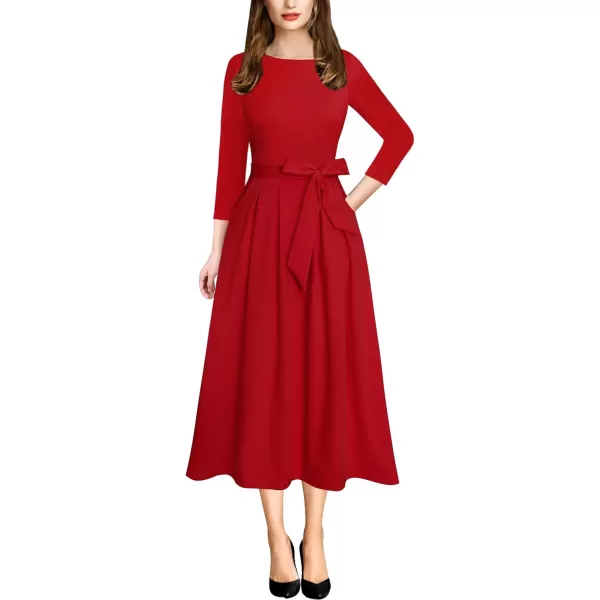 VFSHOW Womens Elegant Pockets Belted Work Business Office Casual Party Pleated ALine Midi DressRed