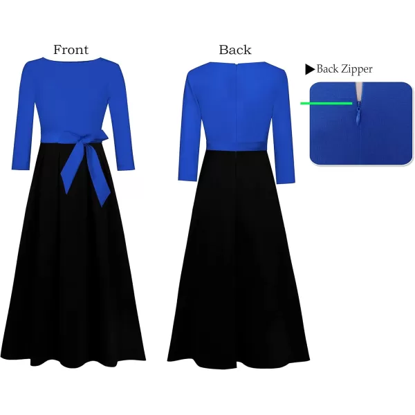 VFSHOW Womens Elegant Pockets Belted Work Business Office Casual Party Pleated ALine Midi DressRoyal Blue and Black