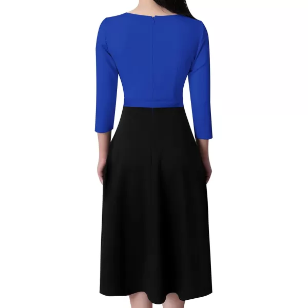 VFSHOW Womens Elegant Pockets Belted Work Business Office Casual Party Pleated ALine Midi DressRoyal Blue and Black