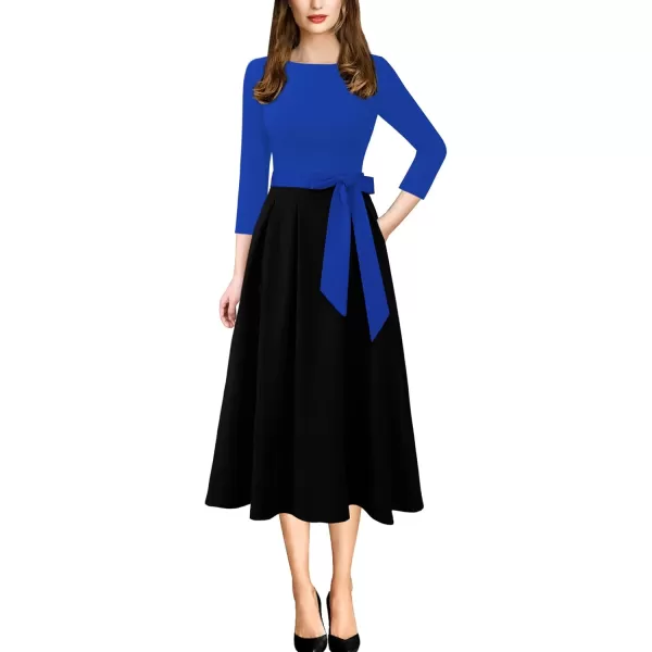 VFSHOW Womens Elegant Pockets Belted Work Business Office Casual Party Pleated ALine Midi DressRoyal Blue and Black