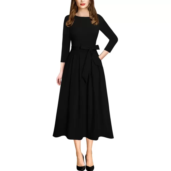 VFSHOW Womens Elegant Pockets Belted Work Business Office Casual Party Pleated ALine Midi DressSolid Black