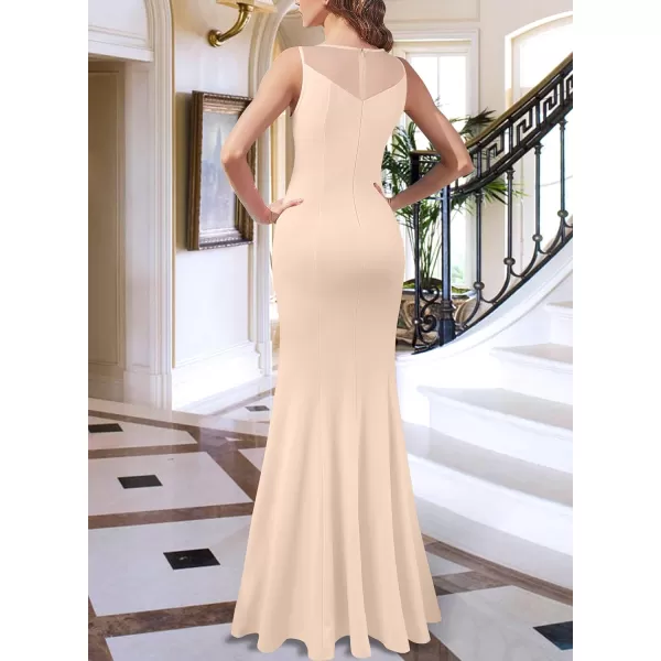 VFSHOW Womens Geometric Formal Prom Wedding Guest Mermaid Maxi Dress 2023 Sexy Illusion Sweetheart Neckline Evening Long GownBeige