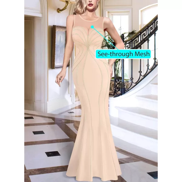 VFSHOW Womens Geometric Formal Prom Wedding Guest Mermaid Maxi Dress 2023 Sexy Illusion Sweetheart Neckline Evening Long GownBeige