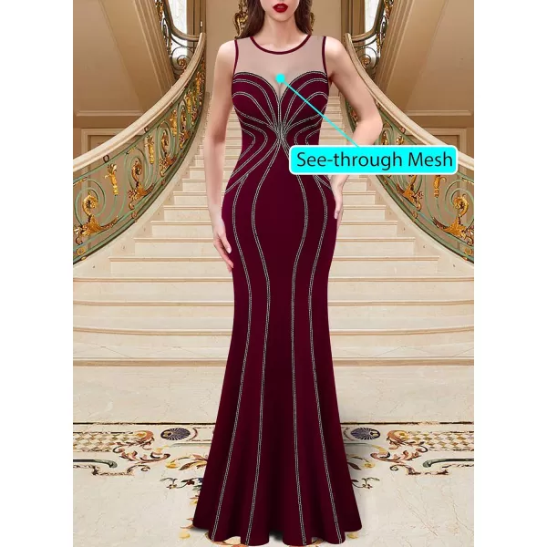 VFSHOW Womens Geometric Formal Prom Wedding Guest Mermaid Maxi Dress 2023 Sexy Illusion Sweetheart Neckline Evening Long GownDark Red