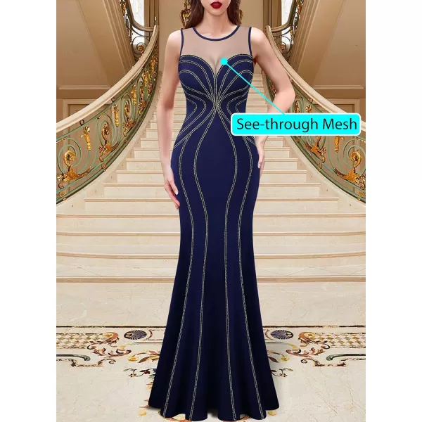 VFSHOW Womens Geometric Formal Prom Wedding Guest Mermaid Maxi Dress 2023 Sexy Illusion Sweetheart Neckline Evening Long GownNavy Blue