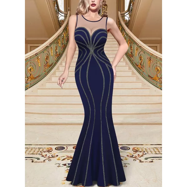 VFSHOW Womens Geometric Formal Prom Wedding Guest Mermaid Maxi Dress 2023 Sexy Illusion Sweetheart Neckline Evening Long GownNavy Blue