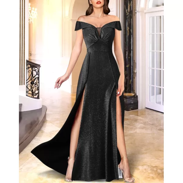 VFSHOW Womens Off Shoulder Ruched V Neck Double Slit Formal ALine Maxi Dress 2023 Wedding Guest Cocktail Evening Long Gown2sparkly Black