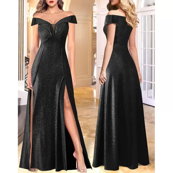 VFSHOW Womens Off Shoulder Ruched V Neck Double Slit Formal ALine Maxi Dress 2023 Wedding Guest Cocktail Evening Long Gown2sparkly Black