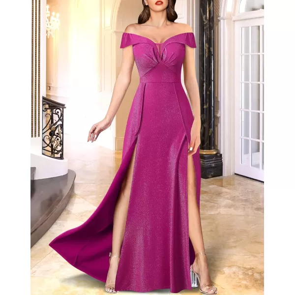 VFSHOW Womens Off Shoulder Ruched V Neck Double Slit Formal ALine Maxi Dress 2023 Wedding Guest Cocktail Evening Long Gown2sparkly Hot Pink