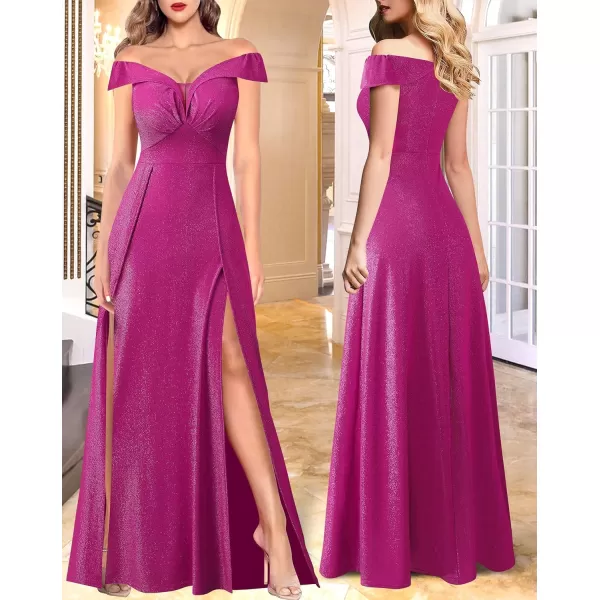 VFSHOW Womens Off Shoulder Ruched V Neck Double Slit Formal ALine Maxi Dress 2023 Wedding Guest Cocktail Evening Long Gown2sparkly Hot Pink