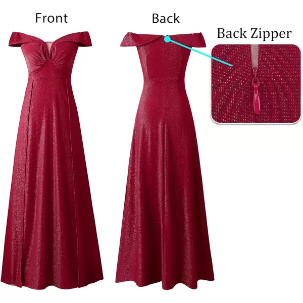 VFSHOW Womens Off Shoulder Ruched V Neck Double Slit Formal ALine Maxi Dress 2023 Wedding Guest Cocktail Evening Long Gown2sparkly Red