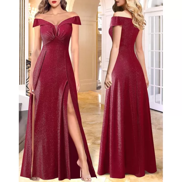 VFSHOW Womens Off Shoulder Ruched V Neck Double Slit Formal ALine Maxi Dress 2023 Wedding Guest Cocktail Evening Long Gown2sparkly Red