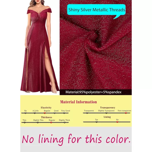 VFSHOW Womens Off Shoulder Ruched V Neck Double Slit Formal ALine Maxi Dress 2023 Wedding Guest Cocktail Evening Long Gown2sparkly Red