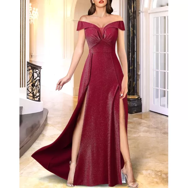 VFSHOW Womens Off Shoulder Ruched V Neck Double Slit Formal ALine Maxi Dress 2023 Wedding Guest Cocktail Evening Long Gown2sparkly Red