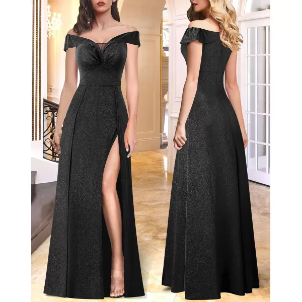 VFSHOW Womens Off Shoulder Ruched V Neck Double Slit Formal ALine Maxi Dress 2023 Wedding Guest Cocktail Evening Long Gown3sparkly Black