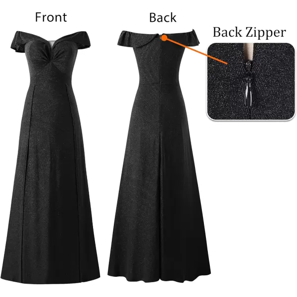 VFSHOW Womens Off Shoulder Ruched V Neck Double Slit Formal ALine Maxi Dress 2023 Wedding Guest Cocktail Evening Long Gown3sparkly Black