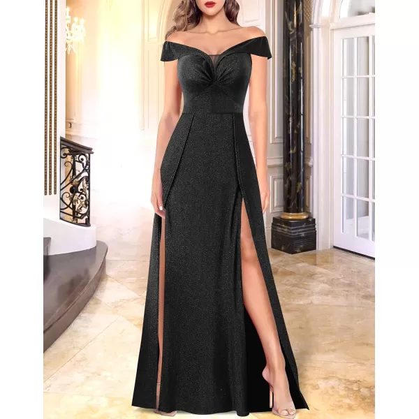 VFSHOW Womens Off Shoulder Ruched V Neck Double Slit Formal ALine Maxi Dress 2023 Wedding Guest Cocktail Evening Long Gown3sparkly Black