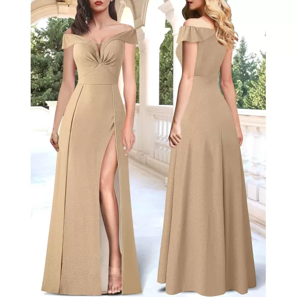 VFSHOW Womens Off Shoulder Ruched V Neck Double Slit Formal ALine Maxi Dress 2023 Wedding Guest Cocktail Evening Long Gown3sparkly Champagne