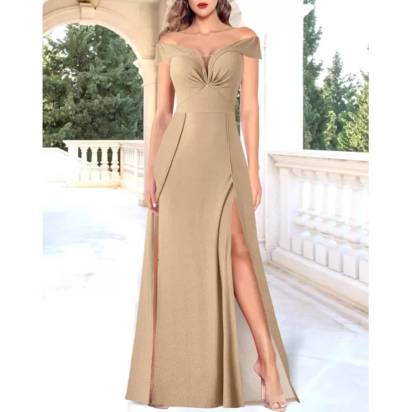 VFSHOW Womens Off Shoulder Ruched V Neck Double Slit Formal ALine Maxi Dress 2023 Wedding Guest Cocktail Evening Long Gown3sparkly Champagne