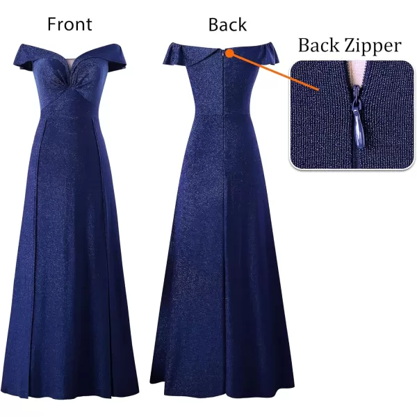 VFSHOW Womens Off Shoulder Ruched V Neck Double Slit Formal ALine Maxi Dress 2023 Wedding Guest Cocktail Evening Long Gown3sparkly Dark Blue