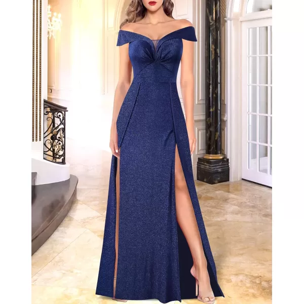 VFSHOW Womens Off Shoulder Ruched V Neck Double Slit Formal ALine Maxi Dress 2023 Wedding Guest Cocktail Evening Long Gown3sparkly Dark Blue