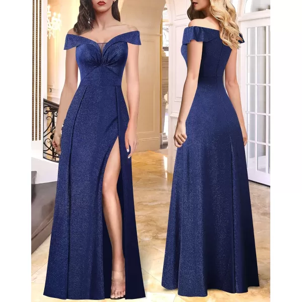 VFSHOW Womens Off Shoulder Ruched V Neck Double Slit Formal ALine Maxi Dress 2023 Wedding Guest Cocktail Evening Long Gown3sparkly Dark Blue