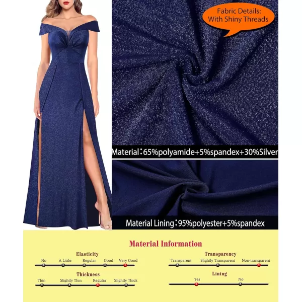 VFSHOW Womens Off Shoulder Ruched V Neck Double Slit Formal ALine Maxi Dress 2023 Wedding Guest Cocktail Evening Long Gown3sparkly Dark Blue