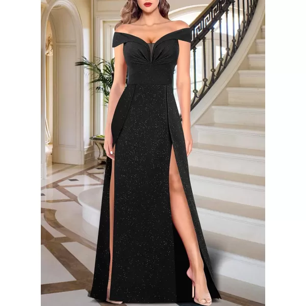 VFSHOW Womens Off Shoulder Ruched V Neck Double Slit Formal ALine Maxi Dress 2023 Wedding Guest Cocktail Evening Long GownSparkly Black