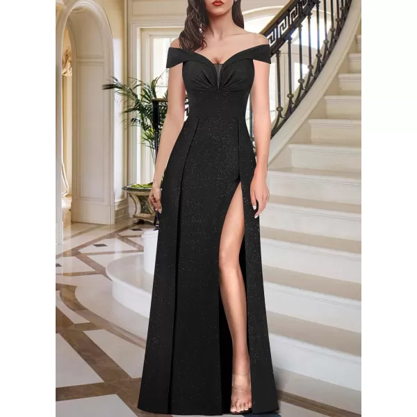 VFSHOW Womens Off Shoulder Ruched V Neck Double Slit Formal ALine Maxi Dress 2023 Wedding Guest Cocktail Evening Long GownSparkly Black