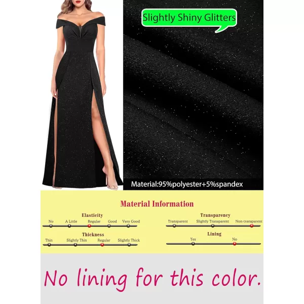 VFSHOW Womens Off Shoulder Ruched V Neck Double Slit Formal ALine Maxi Dress 2023 Wedding Guest Cocktail Evening Long GownSparkly Black