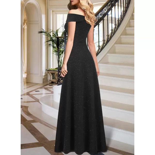 VFSHOW Womens Off Shoulder Ruched V Neck Double Slit Formal ALine Maxi Dress 2023 Wedding Guest Cocktail Evening Long GownSparkly Black