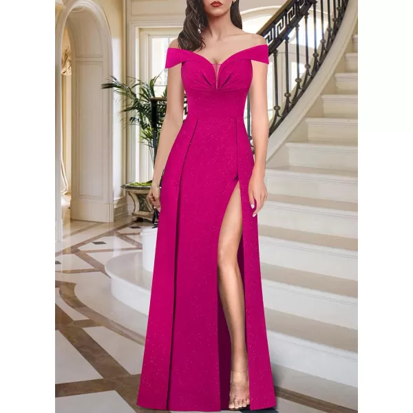 VFSHOW Womens Off Shoulder Ruched V Neck Double Slit Formal ALine Maxi Dress 2023 Wedding Guest Cocktail Evening Long GownSparkly Hot Pink