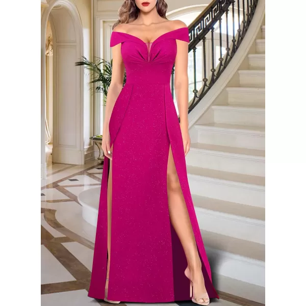 VFSHOW Womens Off Shoulder Ruched V Neck Double Slit Formal ALine Maxi Dress 2023 Wedding Guest Cocktail Evening Long GownSparkly Hot Pink