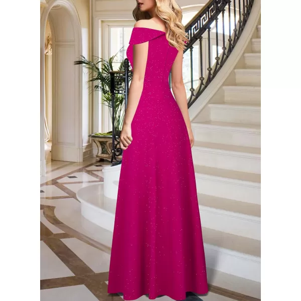 VFSHOW Womens Off Shoulder Ruched V Neck Double Slit Formal ALine Maxi Dress 2023 Wedding Guest Cocktail Evening Long GownSparkly Hot Pink