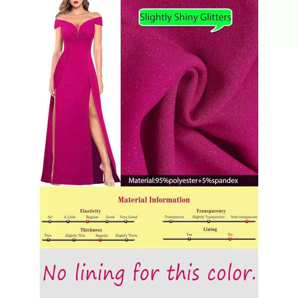 VFSHOW Womens Off Shoulder Ruched V Neck Double Slit Formal ALine Maxi Dress 2023 Wedding Guest Cocktail Evening Long GownSparkly Hot Pink