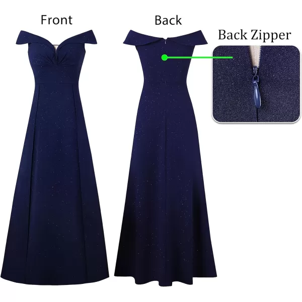 VFSHOW Womens Off Shoulder Ruched V Neck Double Slit Formal ALine Maxi Dress 2023 Wedding Guest Cocktail Evening Long GownSparkly Navy Blue