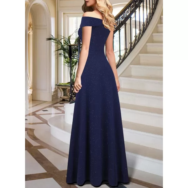 VFSHOW Womens Off Shoulder Ruched V Neck Double Slit Formal ALine Maxi Dress 2023 Wedding Guest Cocktail Evening Long GownSparkly Navy Blue