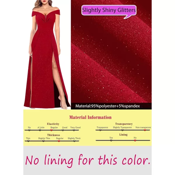 VFSHOW Womens Off Shoulder Ruched V Neck Double Slit Formal ALine Maxi Dress 2023 Wedding Guest Cocktail Evening Long GownSparkly Red