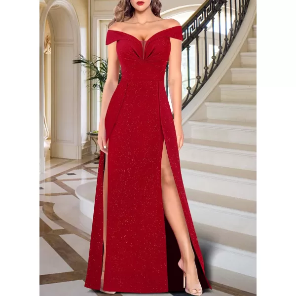 VFSHOW Womens Off Shoulder Ruched V Neck Double Slit Formal ALine Maxi Dress 2023 Wedding Guest Cocktail Evening Long GownSparkly Red