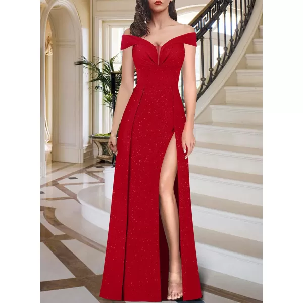 VFSHOW Womens Off Shoulder Ruched V Neck Double Slit Formal ALine Maxi Dress 2023 Wedding Guest Cocktail Evening Long GownSparkly Red