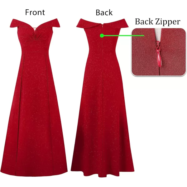 VFSHOW Womens Off Shoulder Ruched V Neck Double Slit Formal ALine Maxi Dress 2023 Wedding Guest Cocktail Evening Long GownSparkly Red