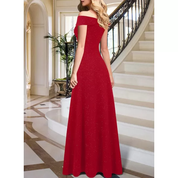 VFSHOW Womens Off Shoulder Ruched V Neck Double Slit Formal ALine Maxi Dress 2023 Wedding Guest Cocktail Evening Long GownSparkly Red