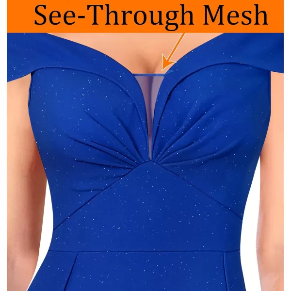 VFSHOW Womens Off Shoulder Ruched V Neck Double Slit Formal ALine Maxi Dress 2023 Wedding Guest Cocktail Evening Long GownSparkly Royal Blue