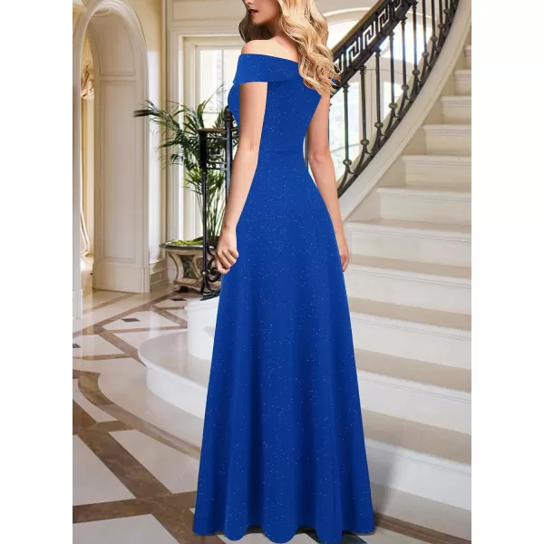 VFSHOW Womens Off Shoulder Ruched V Neck Double Slit Formal ALine Maxi Dress 2023 Wedding Guest Cocktail Evening Long GownSparkly Royal Blue
