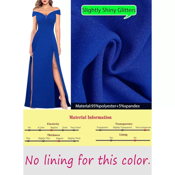 VFSHOW Womens Off Shoulder Ruched V Neck Double Slit Formal ALine Maxi Dress 2023 Wedding Guest Cocktail Evening Long GownSparkly Royal Blue