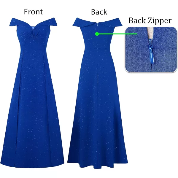 VFSHOW Womens Off Shoulder Ruched V Neck Double Slit Formal ALine Maxi Dress 2023 Wedding Guest Cocktail Evening Long GownSparkly Royal Blue