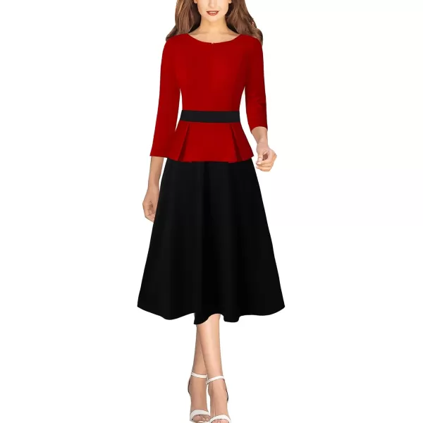 VFSHOW Womens Red Black Peplum Patchwork Slim Front Zipper Work Business Office ALine Midi MidCalf Dress 10096 RED M