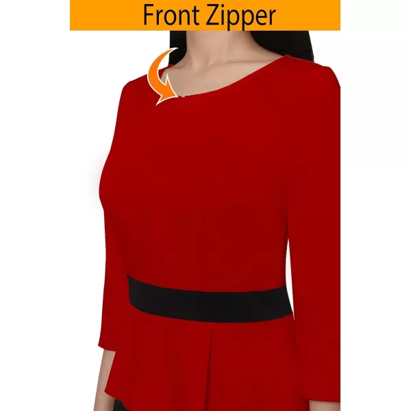 VFSHOW Womens Red Black Peplum Patchwork Slim Front Zipper Work Business Office ALine Midi MidCalf Dress 10096 RED M