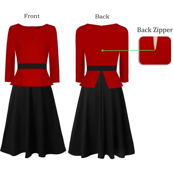 VFSHOW Womens Red Black Peplum Patchwork Slim Front Zipper Work Business Office ALine Midi MidCalf Dress 10096 RED M