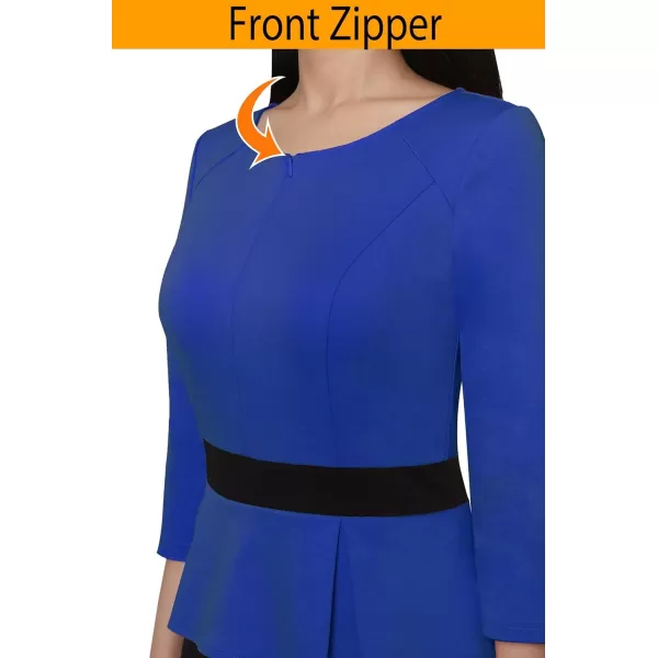 VFSHOW Womens Royal Blue Black Peplum Patchwork Slim Front Zipper Work Business Office ALine Midi MidCalf Dress 10096 BLU XL